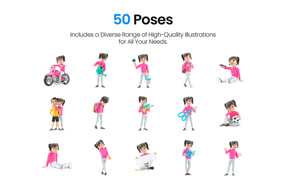 Cartoon Girl – Set of 50 Poses, a Person Illustration by 3DMask (Photo 3 of 6)