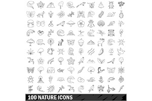 100 Nature Icons Set, Outline Style