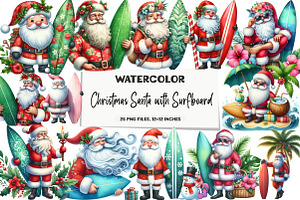 Christmas Santa with Surfboard Bundl, an Illustration by DreamArtGraphic