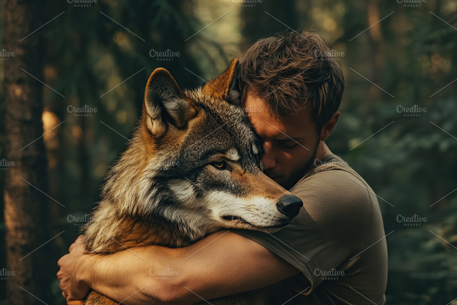 Two friends man and a wolf hugging each other in the forest, an Animal Photo by AlyaAnd