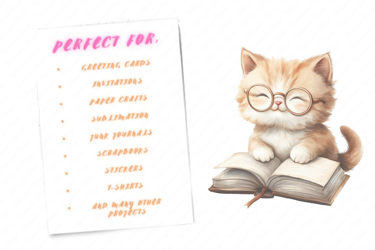 Cute Cat with Book Sublimation png, an Illustration by Watercolor design (Photo 6 of 11)