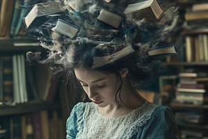 A psycholinguist woman reading a book in a library, with books floating above h, a Person Photo by Textures & Backgrounds