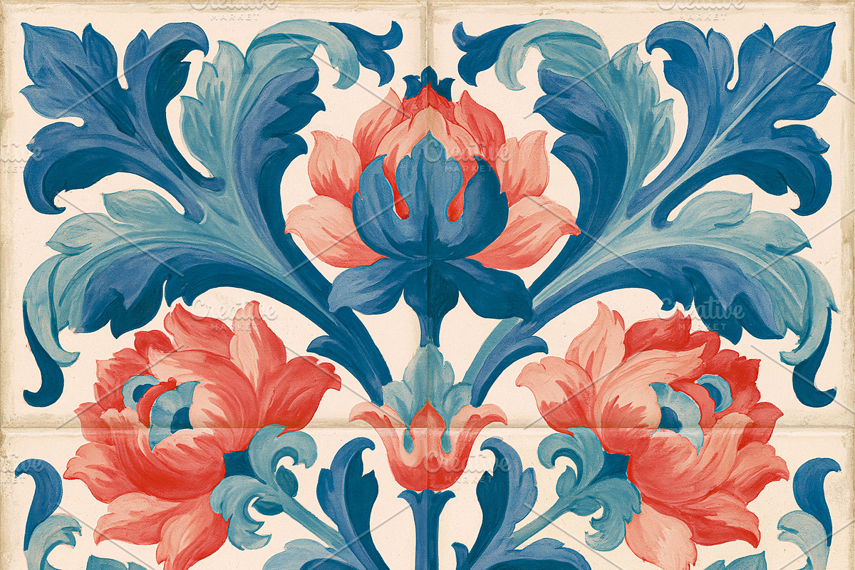 Hand painted floral pattern tiles creating a vintage red and blue ornamental de, an Illustration by Studio ANNA