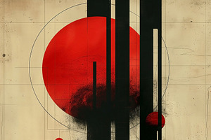 Abstract geometric design featuring bold red circles and vertica, a Decorative Illustration by ImageMir
