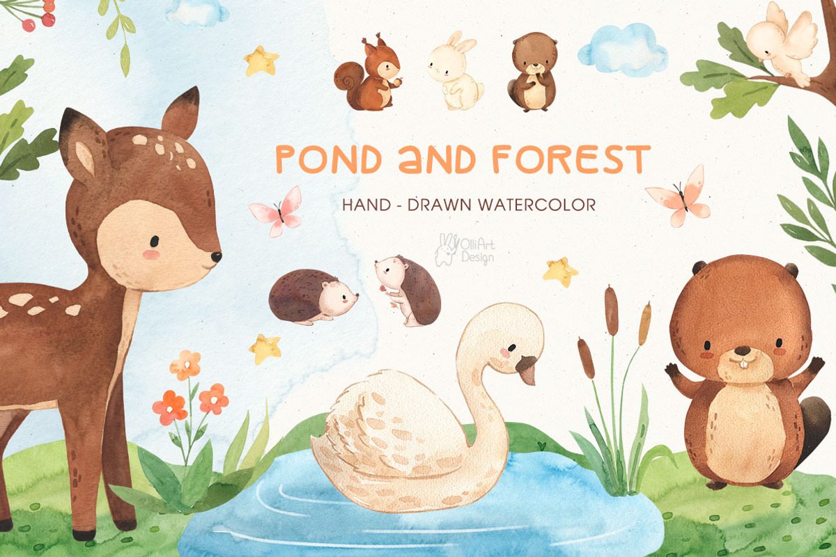 POND and FOREST. Beaver, deer, bird, an Animal Illustration by OlliArtDesign (Photo 1 of 7)