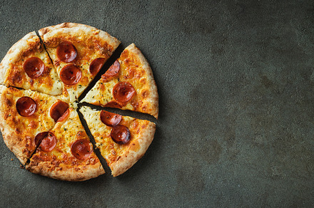 A slice of hot Italian pizza with stretching cheese. Pizza pepperoni on a dark, a Food & Drink Photo by Budarinphoto