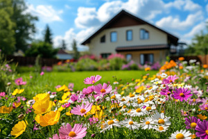 Colorful garden blooms near a house, a Photo by Beautiful things