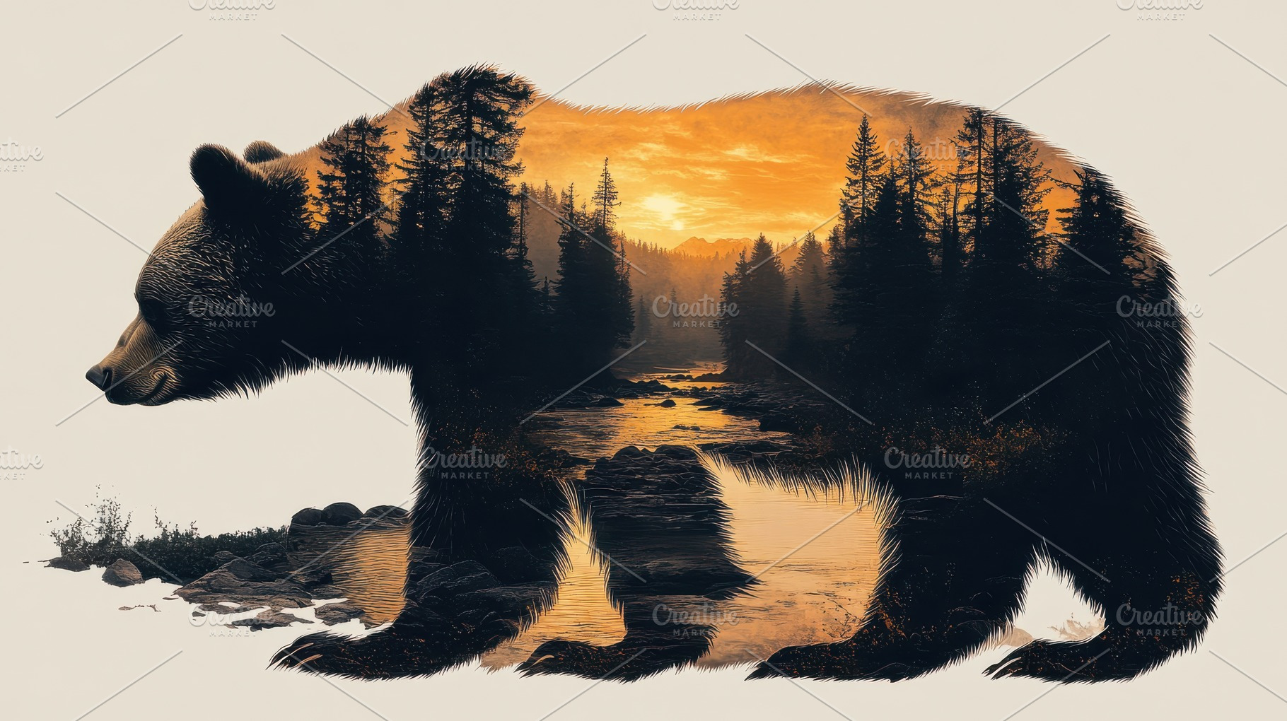 Bear silhouette filled with forest,, an Animal Photo by Pixeness Studio