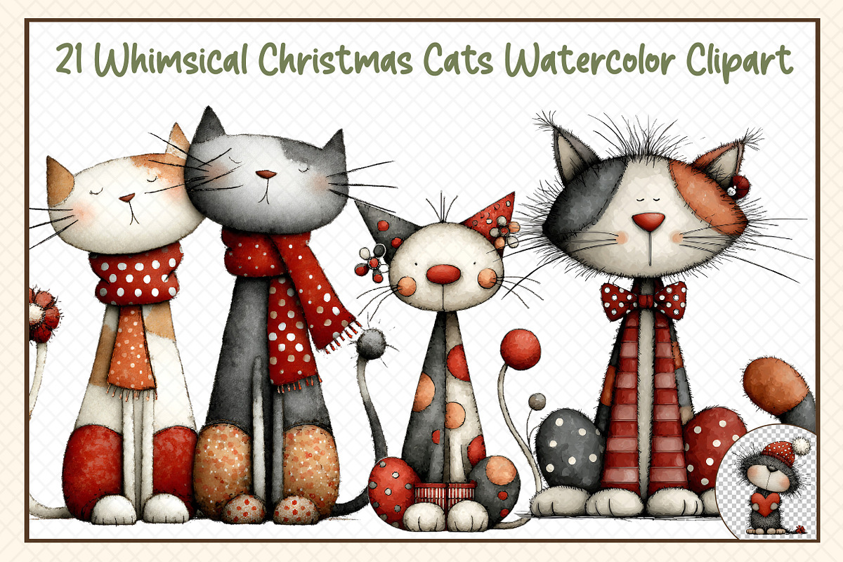 Whimsical Christmas Cats Watercolor, an Illustration by cherrydesign (Photo 1 of 3)
