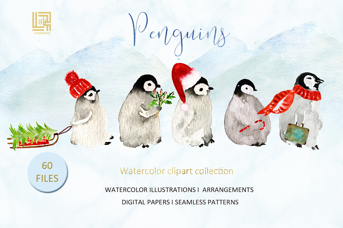Winter Penguins. Watercolor clipart, an Animal Illustration by LABFcreations (Photo 1 of 8)