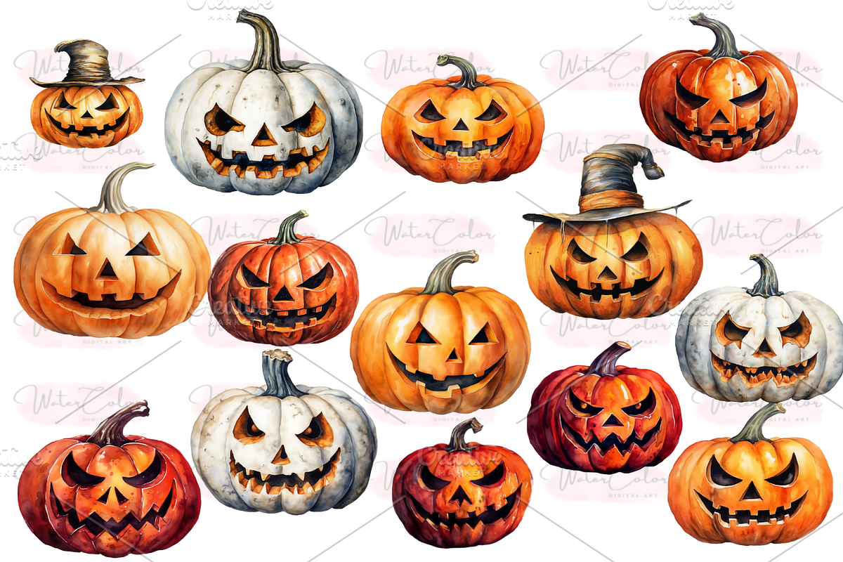 Jack-o-Lantern Collection Clipart, a Seasonal Illustration by Watercolor Digital (Photo 3 of 7)