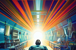 Patient in hospital bed towards bright light, a Technology Illustration by DanFLCreativo