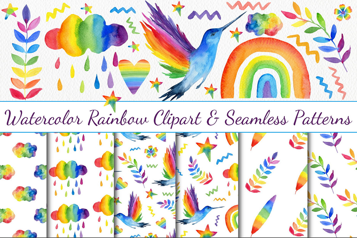 Watercolor Rainbow Clipart & Pattern, an Illustration by ArtIrisArt (Photo 1 of 22)