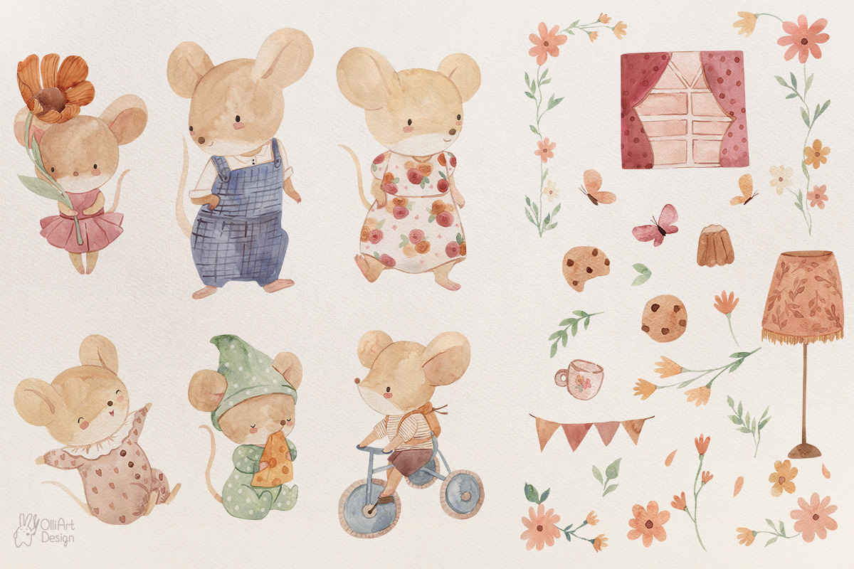MOUSE FAMILY. Watercolor clipart, an Animal Illustration by OlliArtDesign (Photo 3 of 8)