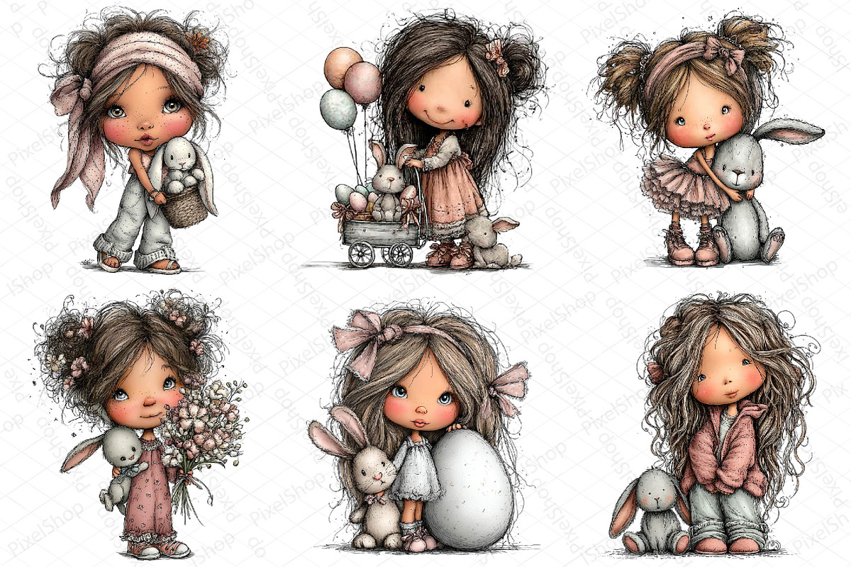 Easter Girl and Bunny Watercolor Cli, an Illustration by DreamPrint404 (Photo 2 of 6)