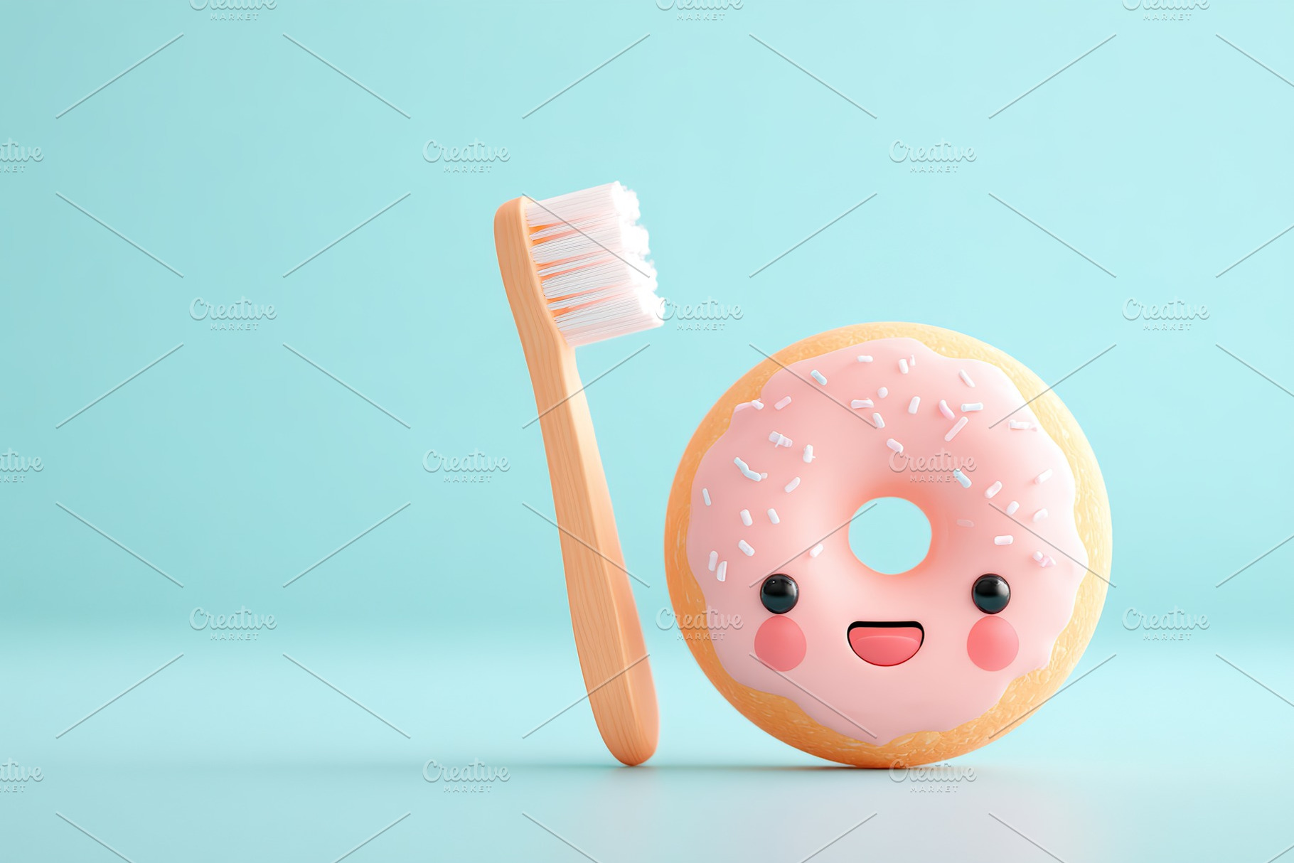 Cute dessert character with a toothbrush in a colorful setting promoting dental, a Photo by AlyaAnd