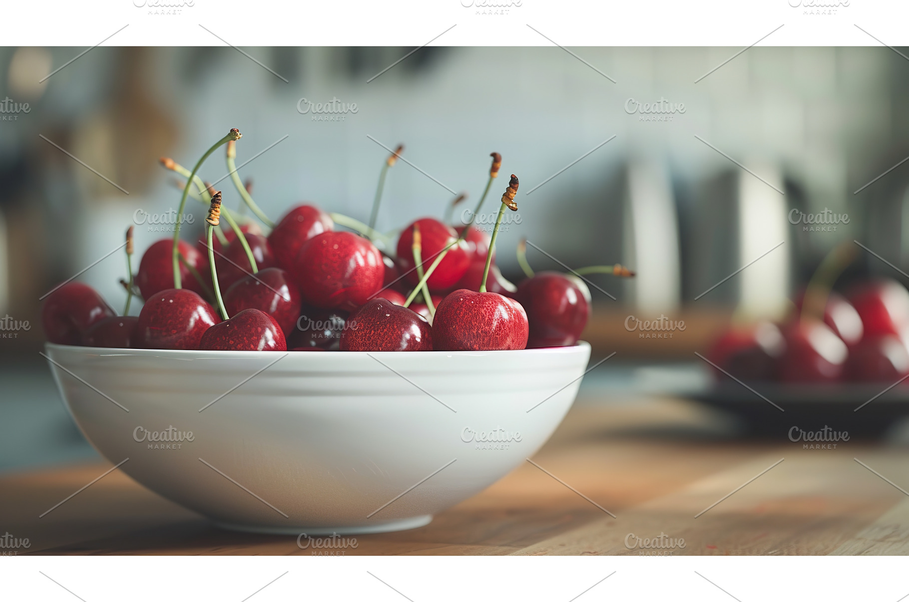 Ripe cherries with stems piled high, a Food & Drink Photo by Lermont51