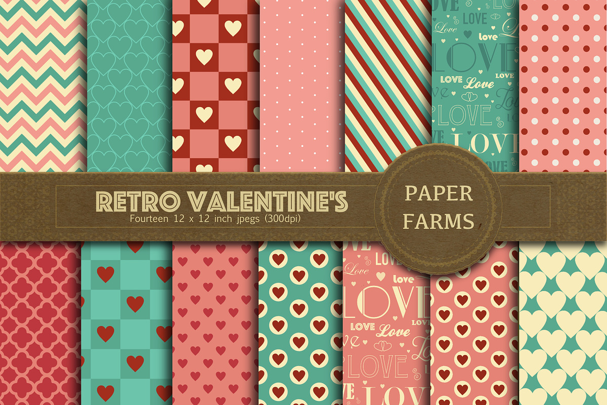 Retro Valentine digital paper, a Pattern Graphic by Paper Farms (Photo 1 of 2)