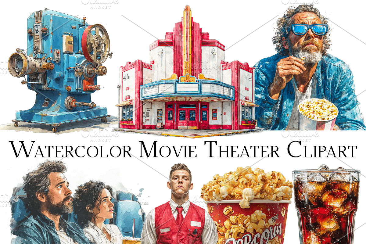 Watercolor Movie Theater Clipart, an Object Graphic by ArtisticTimberStudio (Photo 1 of 2)