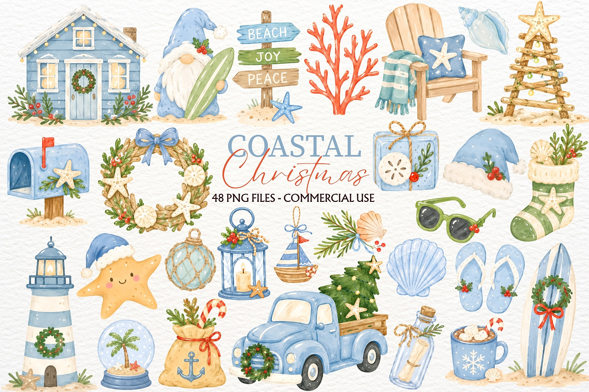 Coastal Christmas Clipart Beach PNG, a Seasonal Illustration by SugarCloudStudioArt (Photo 1 of 5)