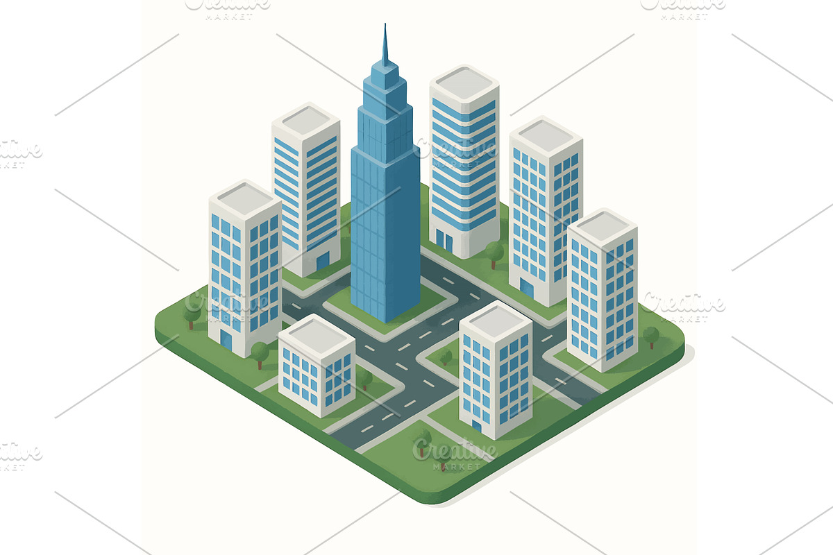 Isometric Cityscape with Skyscrapers, an Object Illustration by AlexArt