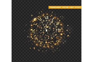New Year shiny gold clock, five minutes to midnight.