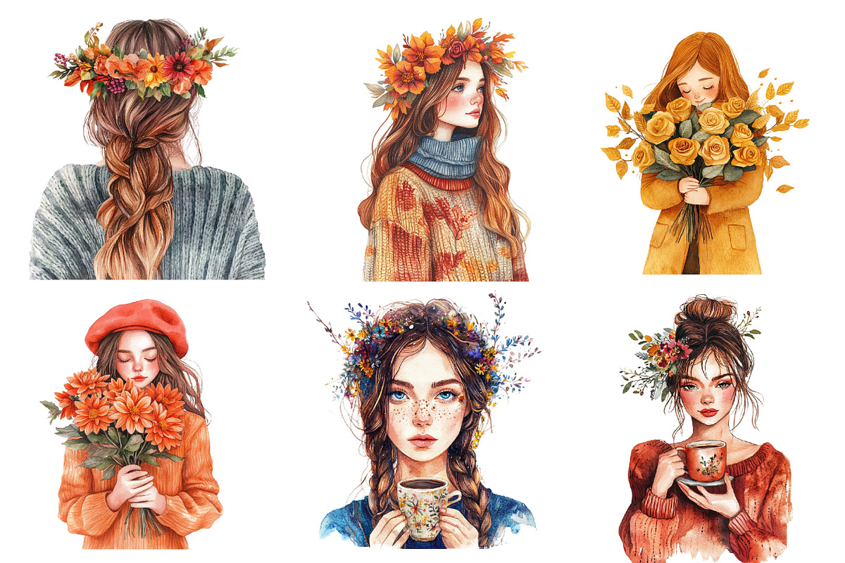 Girls with Fall Flowers Clipart, an Illustration by CreationArt (Photo 4 of 4)
