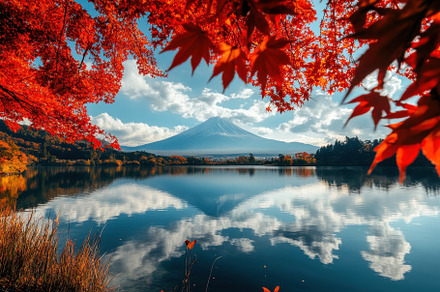 Colorful autumn leaves frame serene, a Photo by Iftikhar Alam