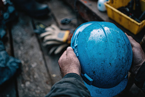 Worker holds blue hard hat at site, a Photo by Beautiful things
