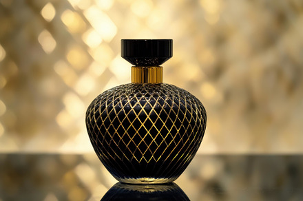 Elegant black perfume bottle display, a Photo by Tanuart