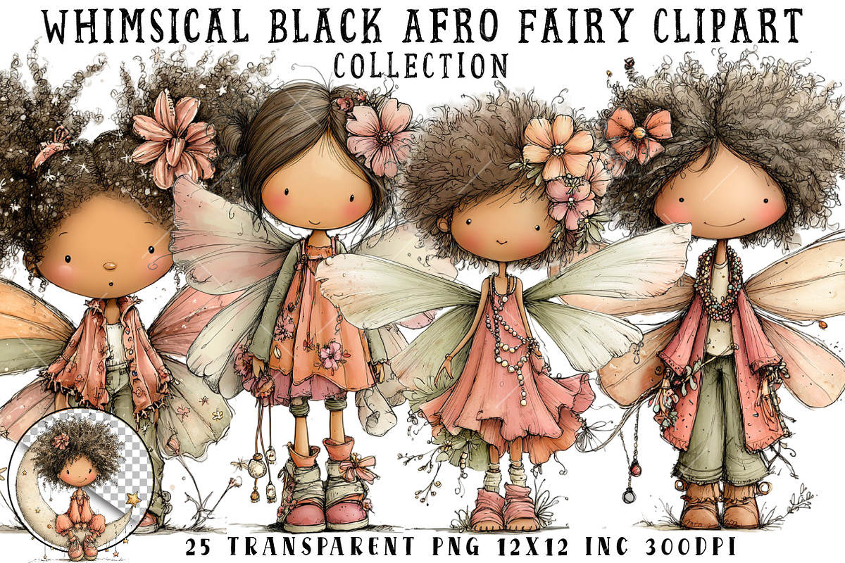 Whimsical Black Afro Fairy Clipart, an Illustration by OK Design (Photo 1 of 6)