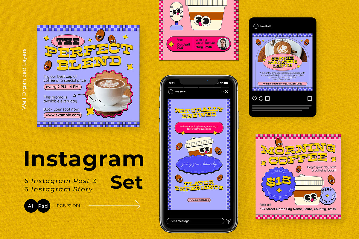 Purple Retro Instagram Pack, a Social Media Template by graphicook (Photo 1 of 6)