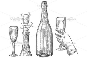 Bottle Champagne explosion and glass, a Food Illustration by MoreVector