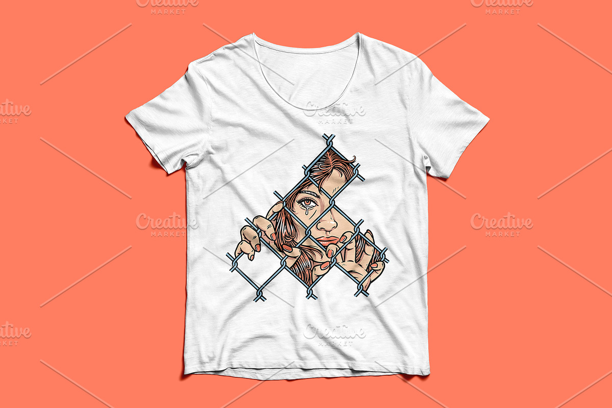 sad face of woman behind metal fence, a Person Illustration by gunaonedesign (Photo 3 of 4)