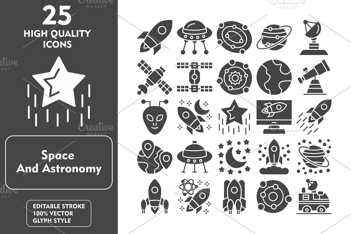 Space and Astronomy 25 Glyph Icons, an Icon by Pexelpy