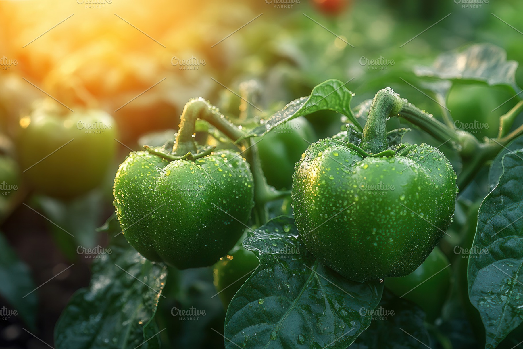 Fresh green bell peppers growing in, a Photo by Tanuart