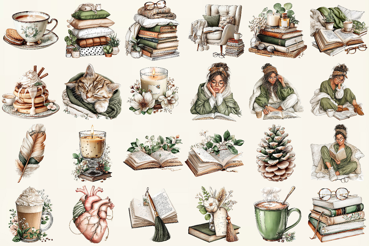 Cozy Reading Watercolor Clipart Set, an Illustration by DreamCafeArt (Photo 2 of 6)