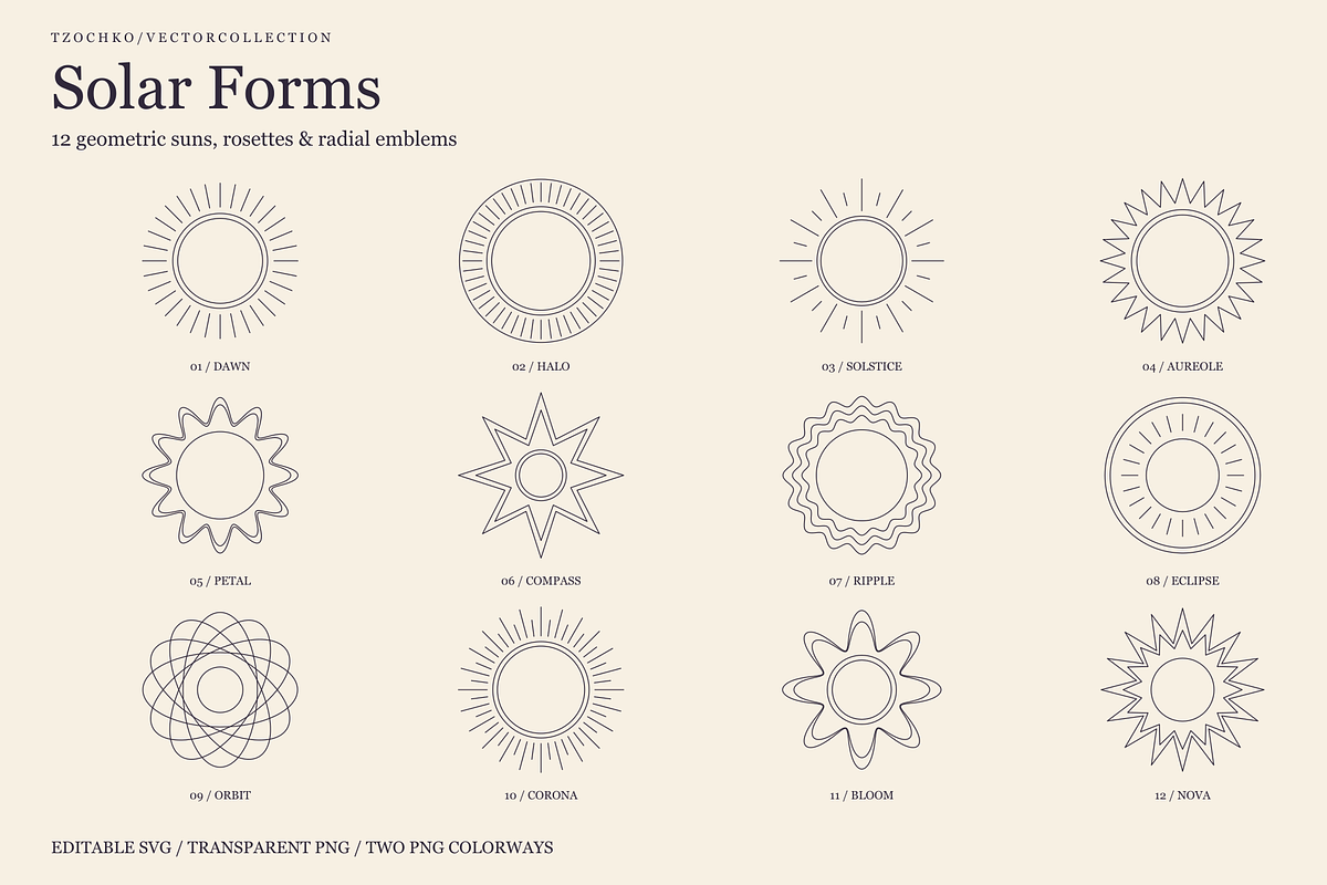 Solar Forms — Geometric Sun Emblems, an Object Graphic by Tzochko (Photo 1 of 3)