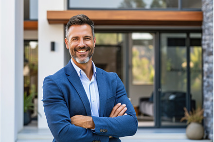 Confident real estate agent standing, a Person Photo by Lermont51