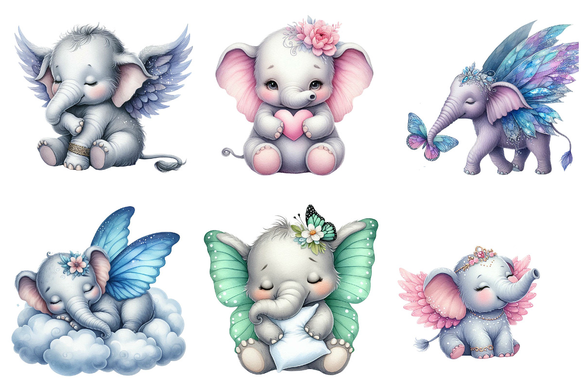 Cute Baby Elephants with Wings Clipa, an Illustration by Pixels.Craft (Photo 2 of 6)