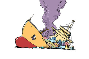 Cargo ship sinking. A broken and