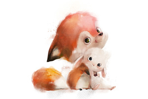 cute fox with white hare hugging
