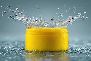 Yellow jar in water splash refreshin, a Photo by Pixeness Studio