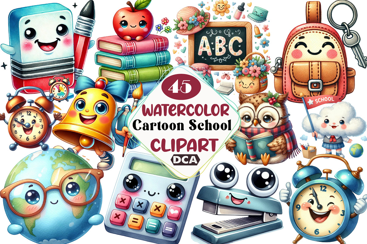 Cartoon School Watercolor Clipart, an Illustration by DreamCafeArt (Photo 1 of 3)