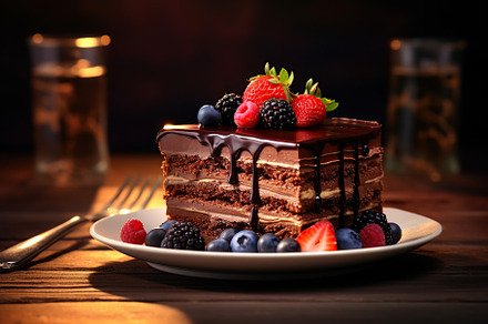 Piece of chocolate cake with fresh berries on brown wooden table, a Food & Drink Photo by AlyaAnd