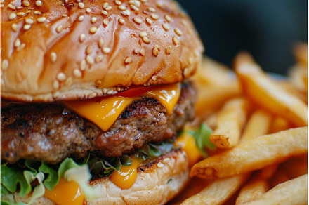 Juicy cheeseburger with crispy fries, a Food & Drink Photo by Ylivdesign
