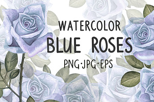 Watercolor blue roses flowers