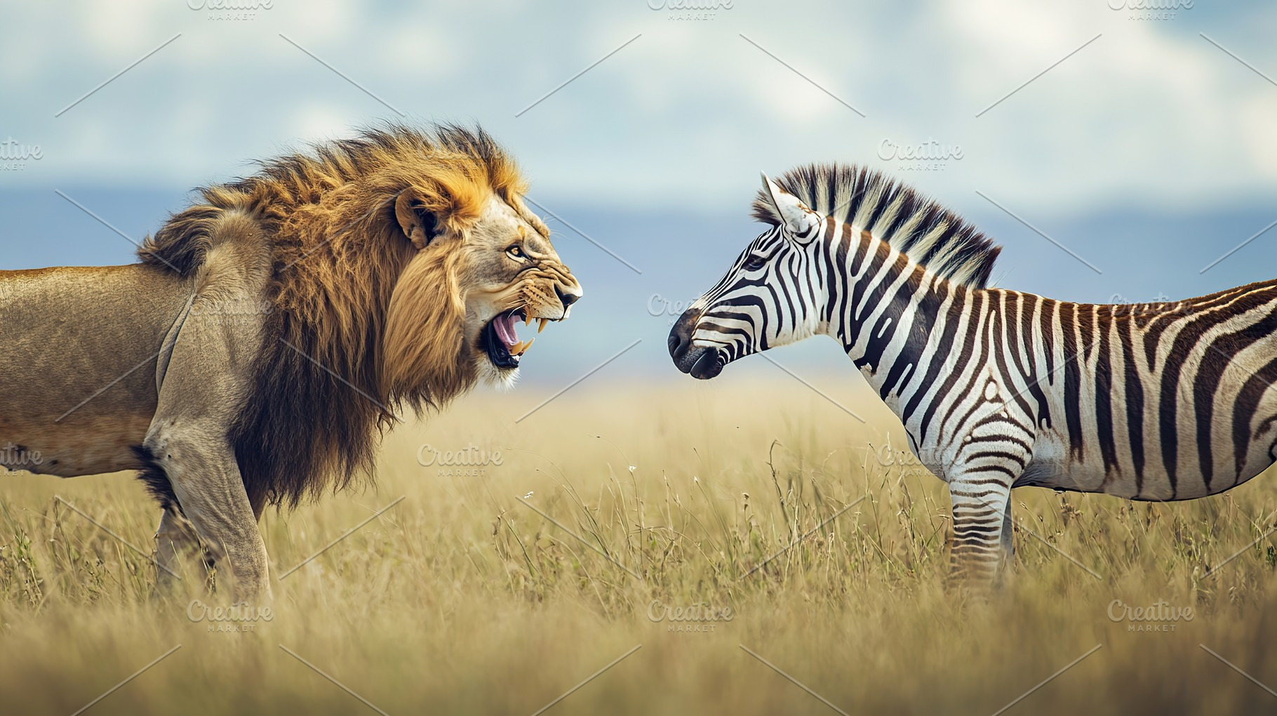 Male lion and a zebra stand opposite each other in African savannah, an Animal Photo by AlyaAnd
