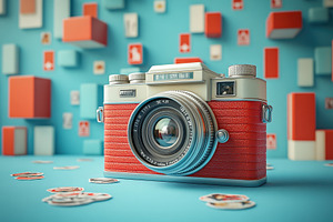 Vintage camera on a colorful backgro, a Photo by Tanuart