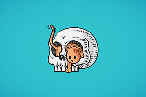 Cartoon Cat Emerging From Skull Head